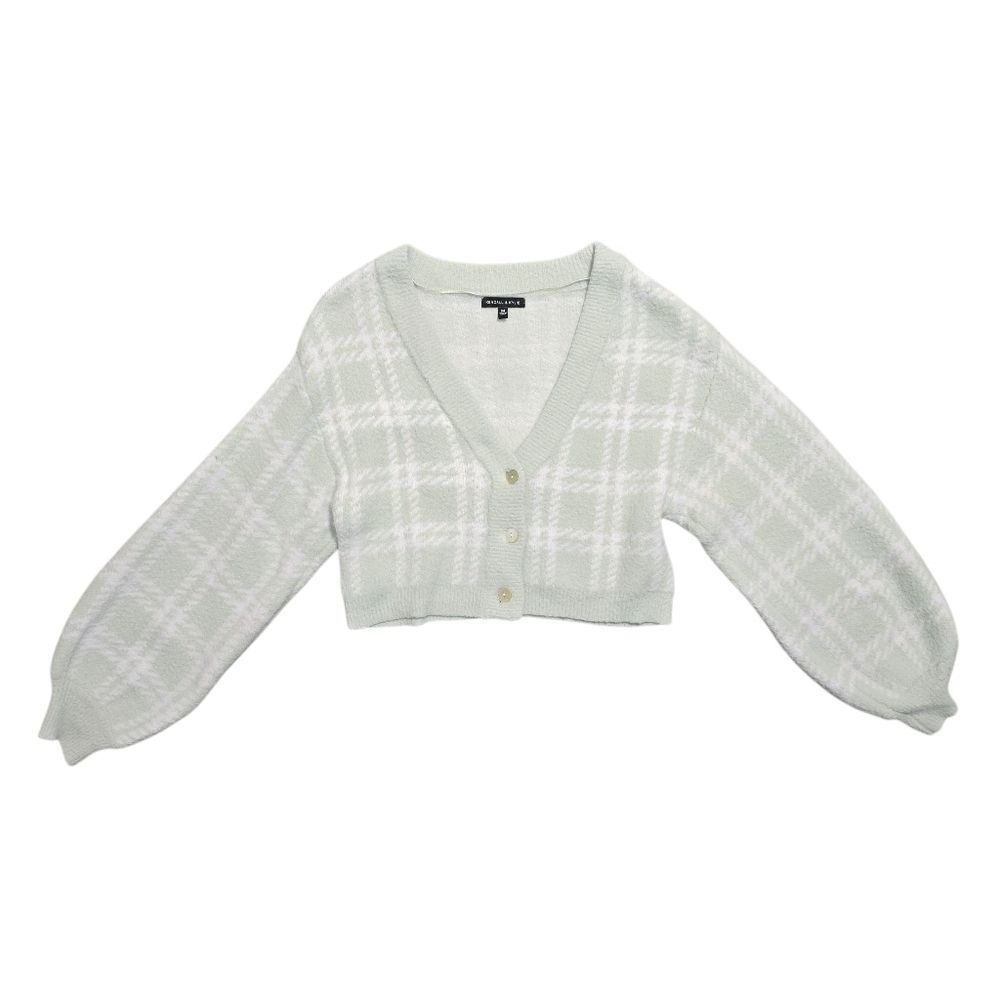 Kendall & Kylie Bambi Long Sleeve Button-Up Sweater Size M Green Plaid Cardigan - Picture 2 of 8